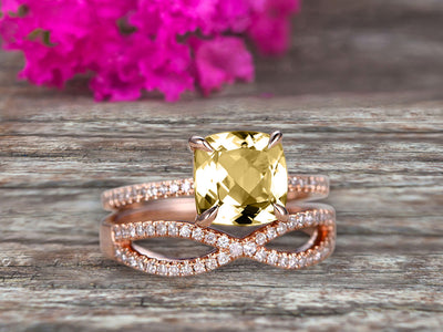 2 Pcs 10k Rose Gold 1.75 Carat Cushion Cut Champagne Diamond Moissanite Engagement Ring Set Solid 10k rose gold Bridal set Custom Made Flaming Jewelry Twisted Across Matching Band 
