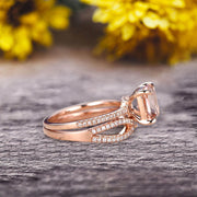 2 Pcs 10k Rose Gold 1.75 Carat Cushion Cut Morganite Engagement Ring Set Solid 10k rose gold Bridal set Custom Made Flaming Jewelry Twisted Across Matching Band 