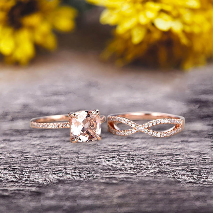 3 Pcs 10k Rose Gold 1.75 Carat Cushion Cut Morganite Engagement Ring Set Solid 10k rose gold Bridal set Custom Made Flaming Jewelry Twisted Across Matching Band 