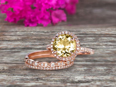 Milgrain Art Deco 2 Carat Round Cut Champagne Diamond Moissanite Engagement Ring 10k Rose Gold With Halo Design Stacking Matching Band Gift For Anniversary