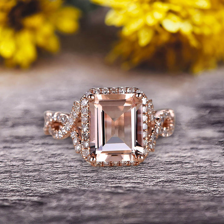 1.50 Carat Emerald Cut Pink Morganite Engagement Ring 10k Rose Gold Promise Ring for Bride or Anniversary Gift Startling Jewelry Twisted Across Design Halo Art Deco