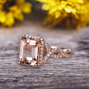 1.50 Carat Emerald Cut Pink Morganite Engagement Ring 10k Rose Gold Promise Ring for Bride or Anniversary Gift Startling Jewelry Twisted Across Design Halo Art Deco