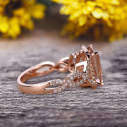 1.50 Carat Emerald Cut Pink Morganite Engagement Ring 10k Rose Gold Promise Ring for Bride or Anniversary Gift Startling Jewelry Twisted Across Design Halo Art Deco