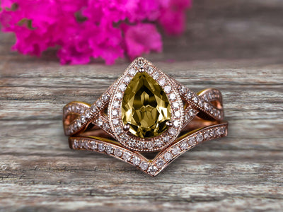 2 Carat Pear Shape Champagne Diamond Moissanite Ring Set On 10k Rose Gold Halo Bridal Ring Promise Ring Twisted Across Design Halo Milgrain Art Deco