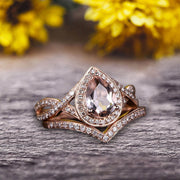 2 Carat Pear Shape Natural Pink Morganite Ring Set On 10k Rose Gold Halo Bridal Ring Promise Ring Twisted Across Design Halo Milgrain Art Deco