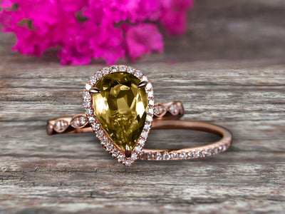 1.75 Carat 10k Rose Gold Pear Shape Champagne Diamond Moissanite Engagement Ring Set Marquise Band Milgrain Art Deco With HALO Ring