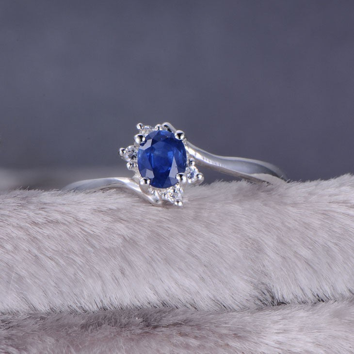 Inexpensive Sapphire with Moissanite Diamond Engagement Ring on 10k White Gold