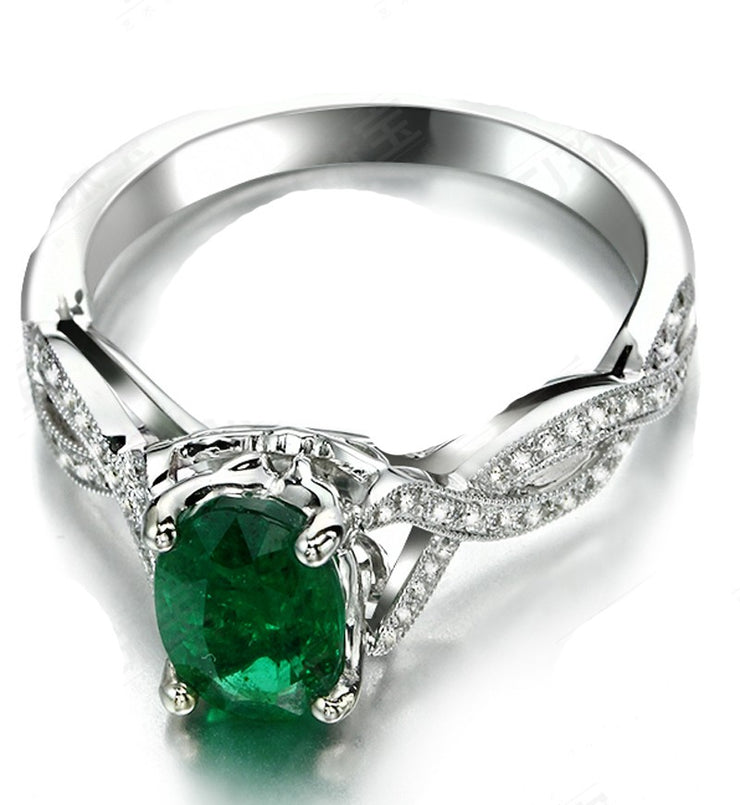 Infinity design 2 Carat Emerald and Moissanite Diamond curved Engagement Ring in White Gold