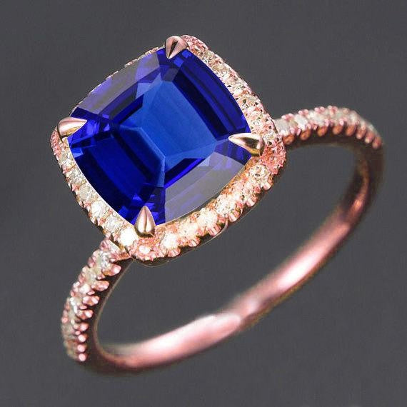 1.25 ct Blue Sapphire and Moissanite Diamond Engagement Ring in 10k Rose Gold