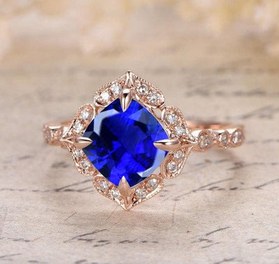 Handmade 1.25 Carat Blue Sapphire and Moissanite Diamond Engagement Ring in 10k Rose Gold for Women on Sale