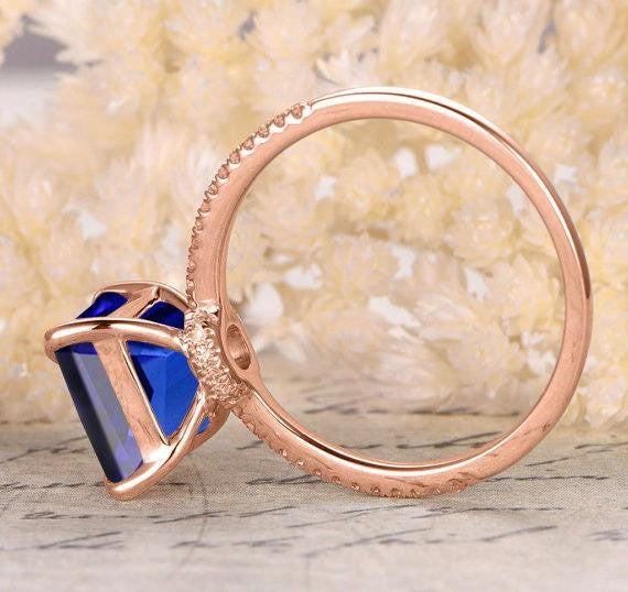 Perfect 1.25 ct Blue Sapphire and Moissanite Diamond Engagement Ring in 10k Rose Gold