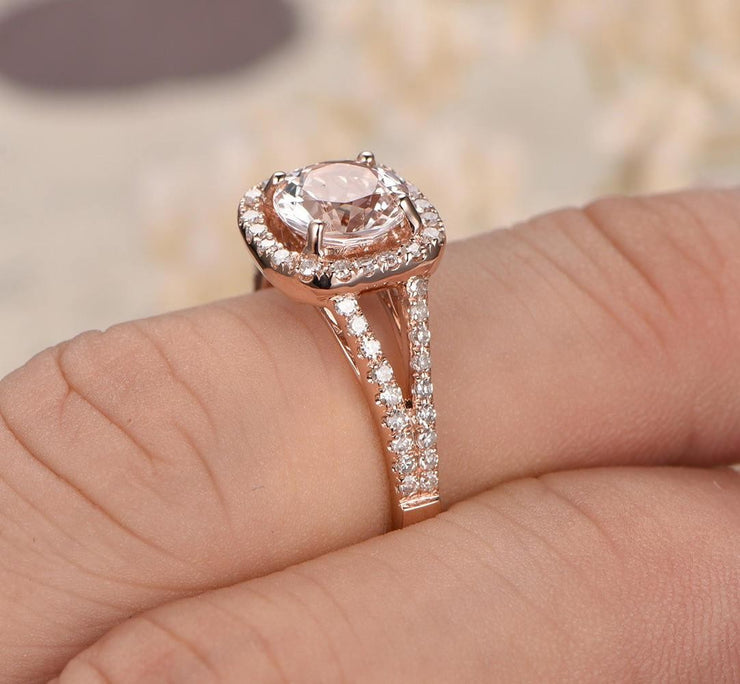 Sale 1.25 carat Halo Morgnaite Engagement Ring with Diamonds in 10k Rose Gold for Women