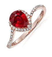 Limited Time Sale:1.25 Carat Red Pear cut Ruby and Halo Moissanite Diamond Engagement Ring in 10k Rose Gold for Women on Sale