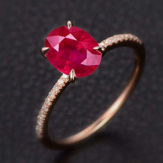 1.25 Carat Red Ruby and Moissanite Diamond Engagement Ring in 10k Rose Gold for her