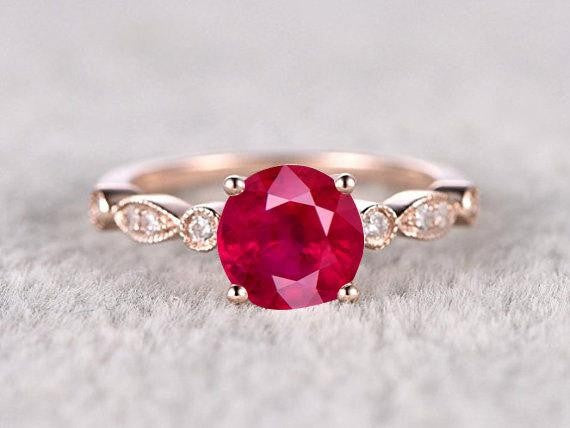 1.25 ct Red Ruby and Moissanite Diamond Engagement Ring in 10k Rose Gold for her