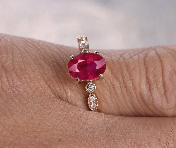 1.25 Carat Ruby and Moissanite Diamond Engagement Ring in 10k Rose Gold for her