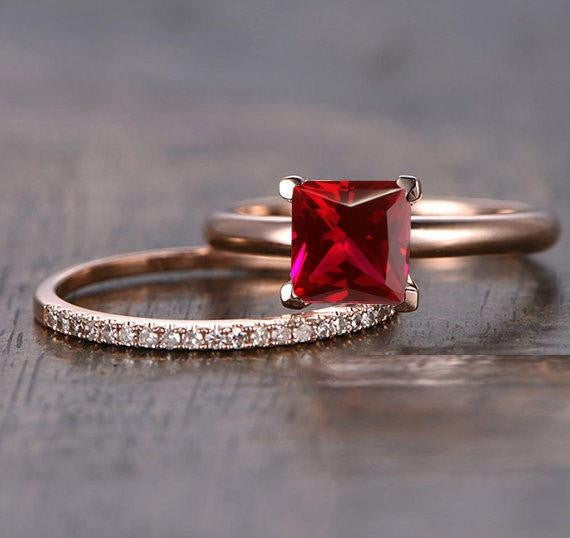 1.25 Carat Princess cut Ruby and Moissanite Diamond Engagement Bridal Wedding Ring Set in 10k Rose Gold