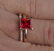 1.25 Carat Princess cut Ruby and Moissanite Diamond Engagement Bridal Wedding Ring Set in 10k Rose Gold