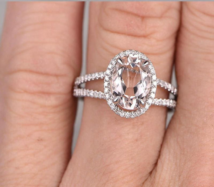 1.50 carat Oval Cut Morganite and Diamond Engagement Ring for Women in 10k White Gold 