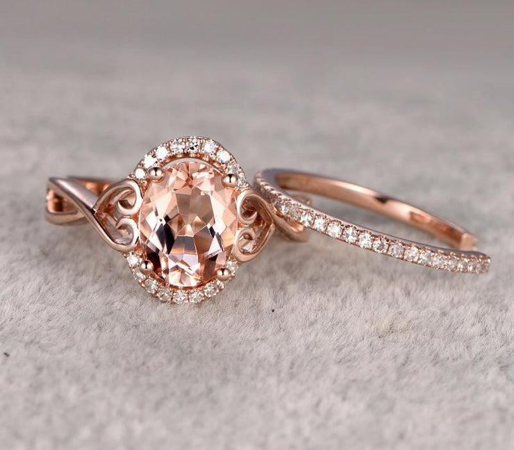 1.50 carat Morganite & Diamond Wedding Bridal Ring Set in 10k Rose Gold One Engagement Ring & Wedding Band