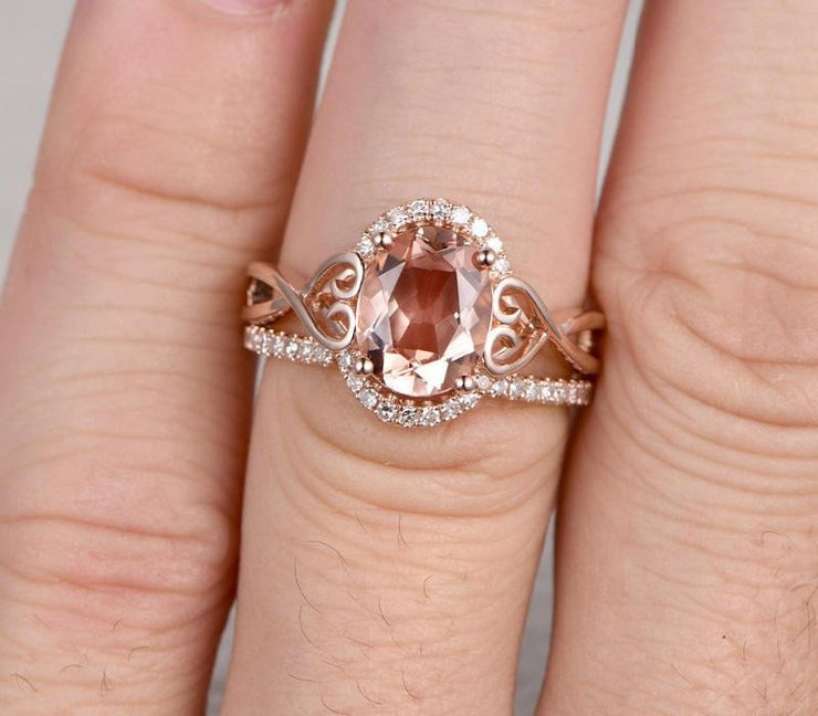 1.50 carat Morganite & Diamond Wedding Bridal Ring Set in 10k Rose Gold One Engagement Ring & Wedding Band