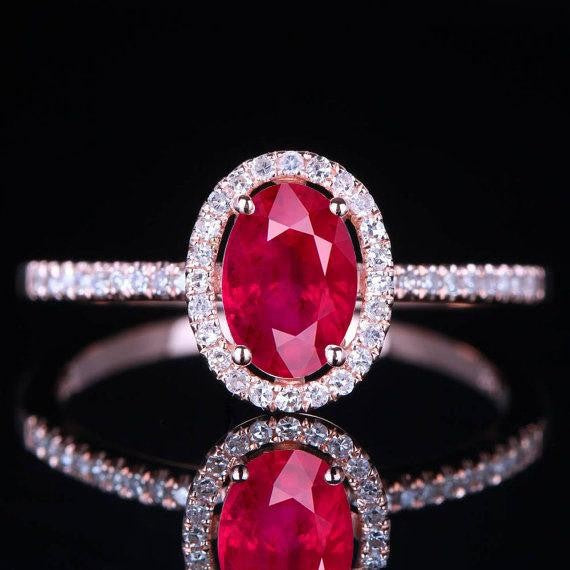 1.50 Carat Red Ruby and Moissanite Diamond Engagement Ring in 10k Rose Gold for Women on Sale