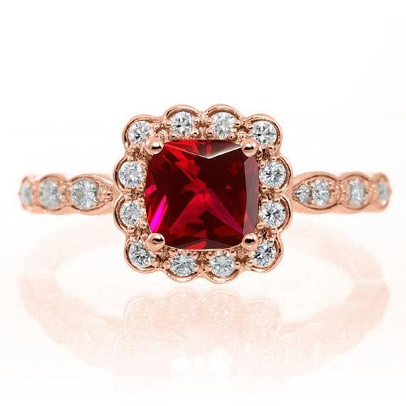 1.50 Carat Red Ruby Round cut and Moissanite Diamond Engagement Bridal Wedding Ring Set in 10k Rose Gold