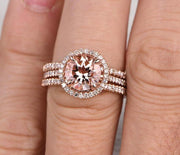 2 carat Morganite and Diamond Trio Ring Set with One Engagement Ring and 2 Wedding Bands