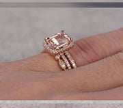 2 carat Morganite Ring with Diamonds in 10k Rose Gold with One Engagement Ring and 2 Wedding Bands