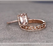 2 carat Morganite Ring with Diamonds in 10k Rose Gold with One Engagement Ring and 2 Wedding Bands