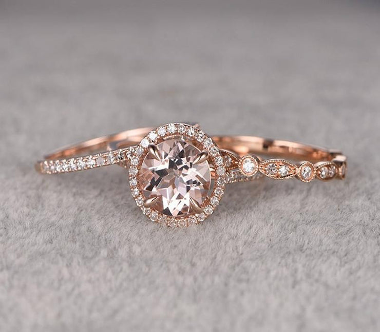 Sale 2 carat Morganite Ring Set in 10k Rose Gold with One Engagement Ring and 2 Wedding Bands