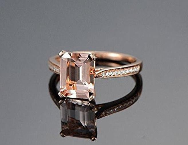 Limited Time Sale Antique 1.25 Carat Peach Pink Morganite (emerald cut Morganite) and Diamond Engagement Ring in 10k Rose Gold