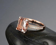 Limited Time Sale Antique 1.25 Carat Peach Pink Morganite (emerald cut Morganite) and Diamond Engagement Ring in 10k Rose Gold