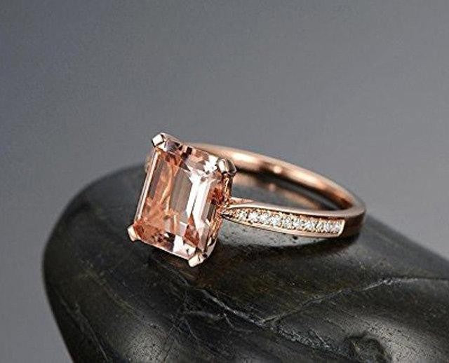 Limited Time Sale Antique 1.25 Carat Peach Pink Morganite (emerald cut Morganite) and Diamond Engagement Ring in 10k Rose Gold