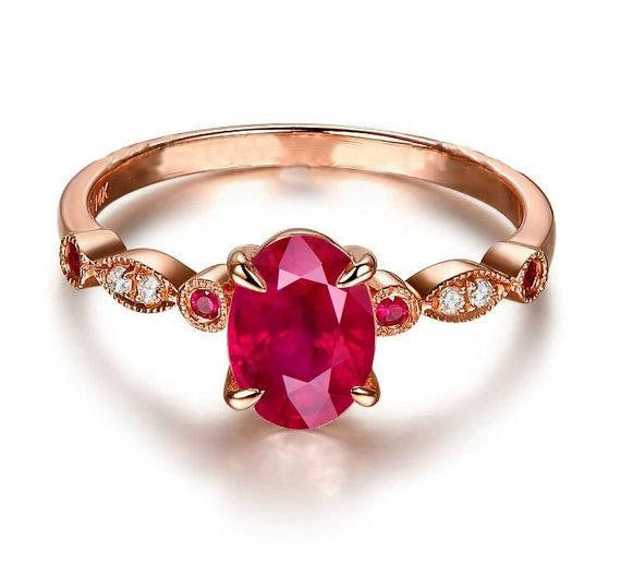Antique Design 1.25 Carat Red Ruby and Moissanite Diamond Engagement Ring in 10k Rose Gold for Women on Sale