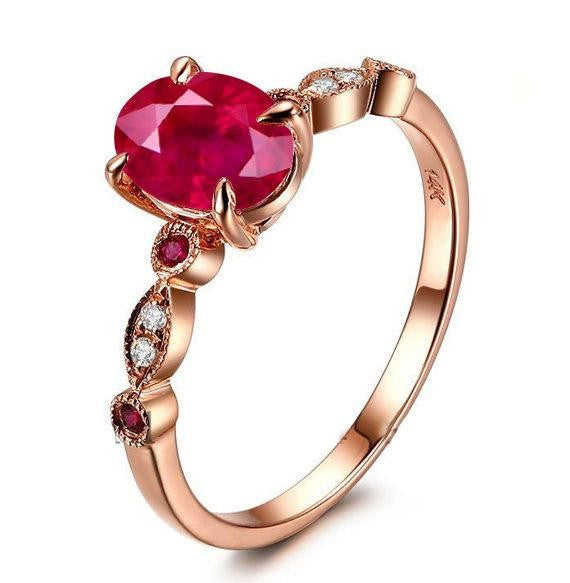 Antique Design 1.25 Carat Red Ruby and Moissanite Diamond Engagement Ring in 10k Rose Gold for Women on Sale