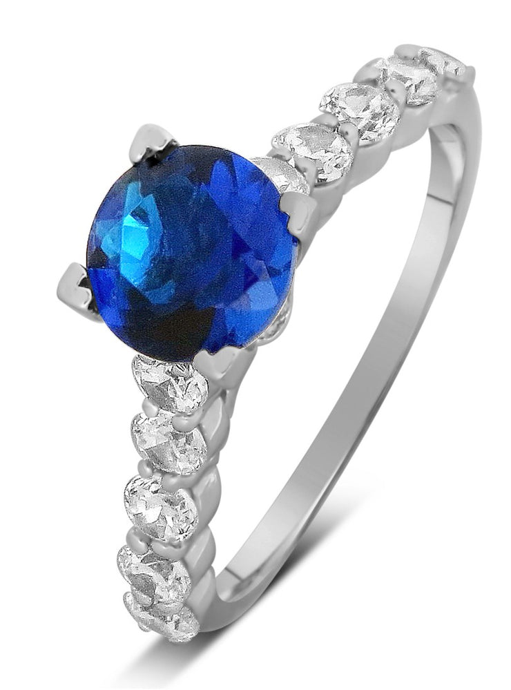 Luxurious 1.50 Carat Round Blue Sapphire and Moissanite Diamond Engagement Ring in White Gold