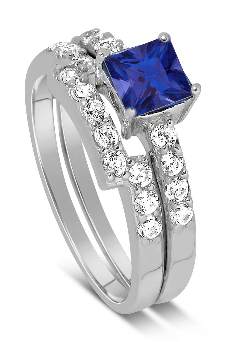 Luxurious 2 Carat Princess cut blue sapphire and White Moissanite Diamond Wedding Ring Set