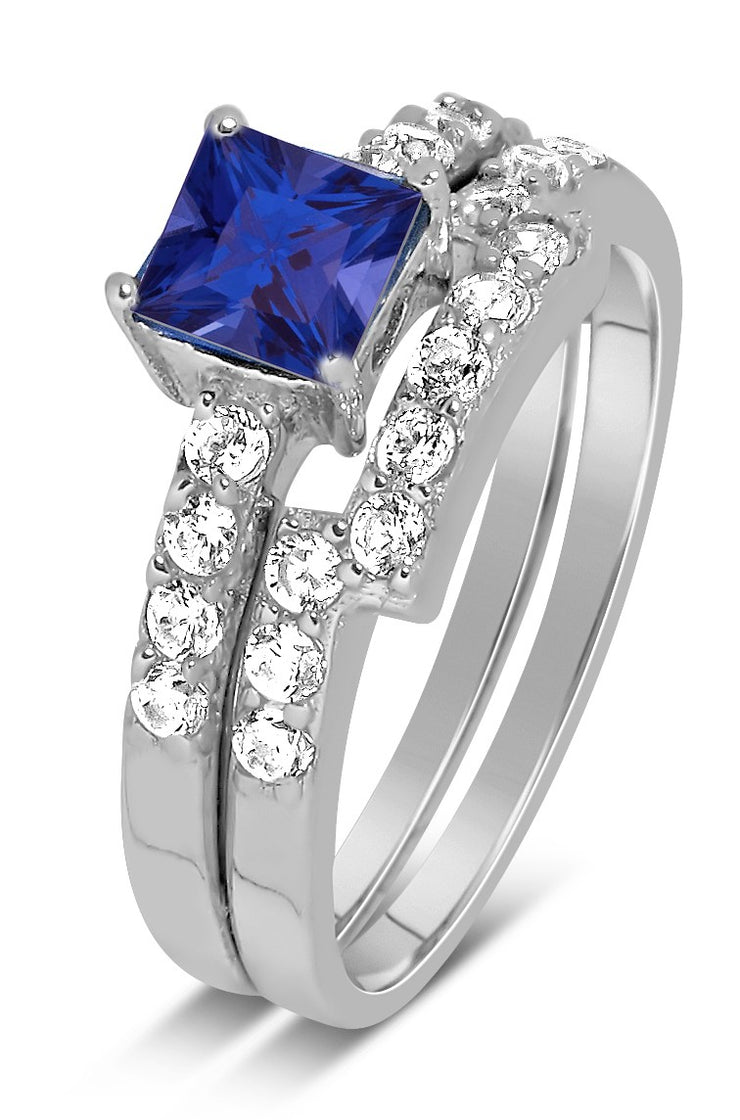 Luxurious 2 Carat Princess cut blue sapphire and White Moissanite Diamond Wedding Ring Set