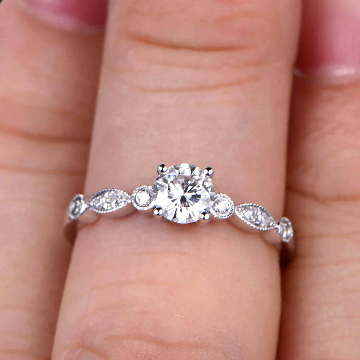 1.25 Carat Art Deco Style Round Moissanite  Diamond Ring on 10k White Gold Vintage Style