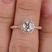 1.50 Carat Halo Moissanite Diamond Engagement Ring Classic Vintage Art Deco 10k Solid Rose Gold