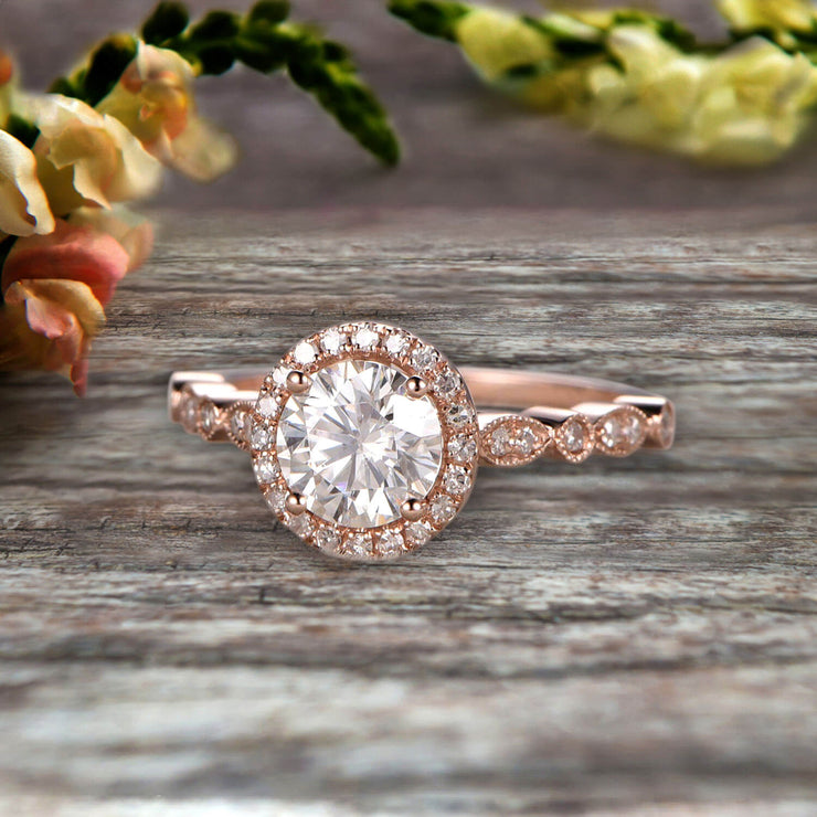 1.50 Carat Halo Moissanite Diamond Engagement Ring Classic Vintage Art Deco 10k Solid Rose Gold