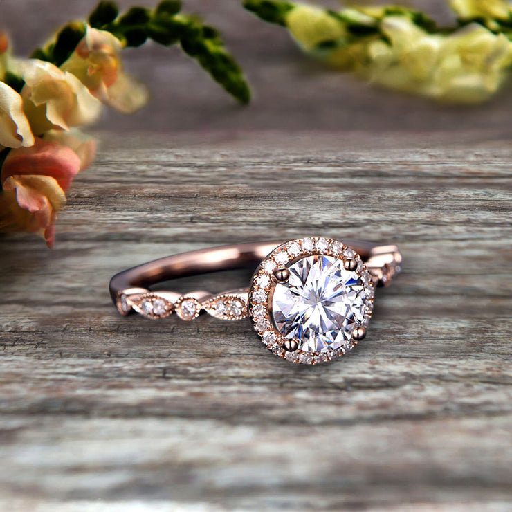 1.50 Carat Halo Moissanite Diamond Engagement Ring Classic Vintage Art Deco 10k Solid Rose Gold