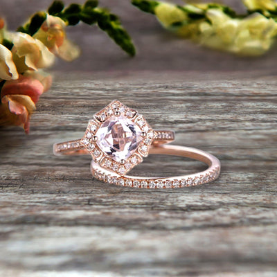 1.75 Carat Cushion Cut Morganite Wedding Set Bridal Engagement Ring On 10k Rose Gold Vintage Art Deco Antique Flower Halo Design