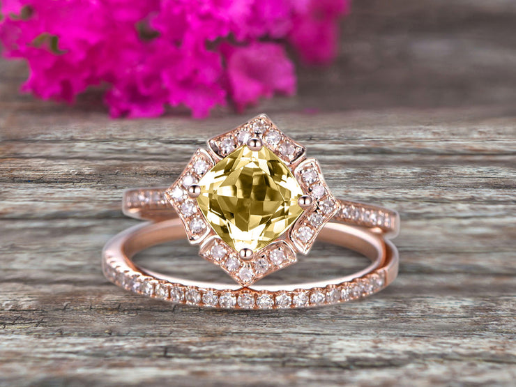 1.75 Carat Cushion Cut Champagne Diamond Moissanite Wedding Set Bridal Engagement Ring On 10k Rose Gold Vintage Art Deco Antique Flower Halo Design