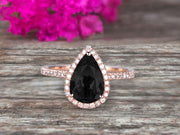 1.50 Carat Pear Shaped Black Diamond Moissanite Engagement Ring On 10k Rose Gold Halo Teardrop Design Anniversary Gift Personalized for Brides