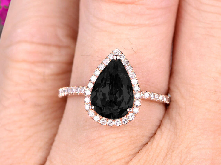 1.50 Carat Pear Shaped Black Diamond Moissanite Engagement Ring On 10k Rose Gold Halo Teardrop Design Anniversary Gift Personalized for Brides