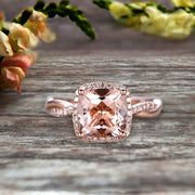 1.50 Carat Cushion Cut Morganite Engagement Ring Infinity Twisted Halo Stacking Band Promise Ring 10k Rose Gold