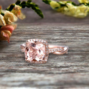 1.50 Carat Cushion Cut Morganite Engagement Ring Infinity Twisted Halo Stacking Band Promise Ring 10k Rose Gold