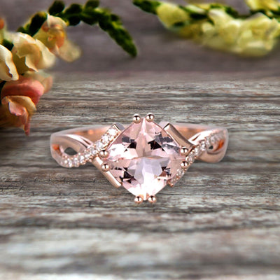 1.25 Carat Cushion Cut Morganite Engagement Ring Infinity Twisted Curved Promise Ring On 10k Rose Gold